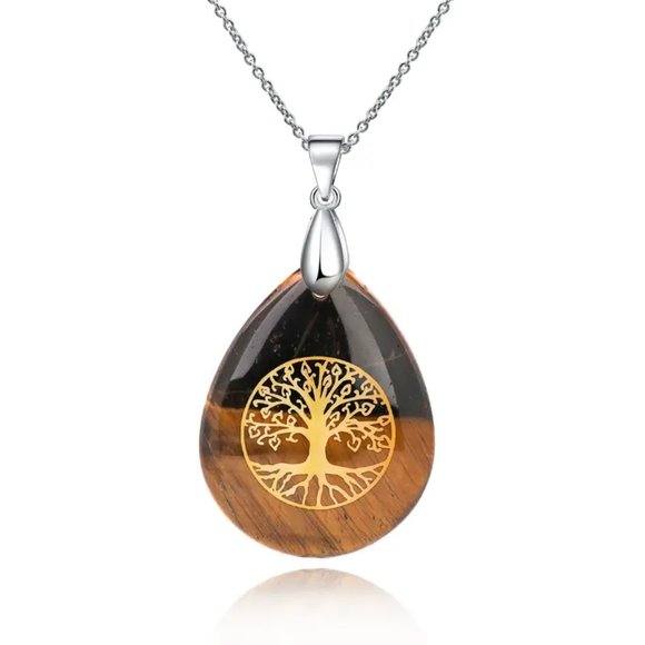 Tiger Eye Tree Of Life Natural Stones Necklace Gemstone Healing Pendant - Picture 2 of 2
